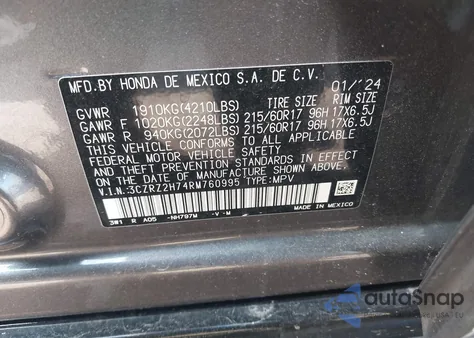 2024 Honda Hr-V Awd Ex-L/Awd Ex-L W/O Bsi from USA, damaged, VIN 3CZRZ2H74RM760995